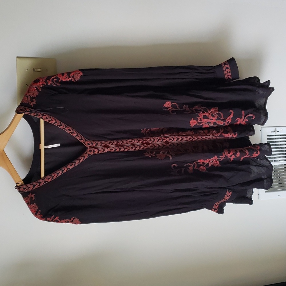 Free people long sleeve black dress with red embroidery.